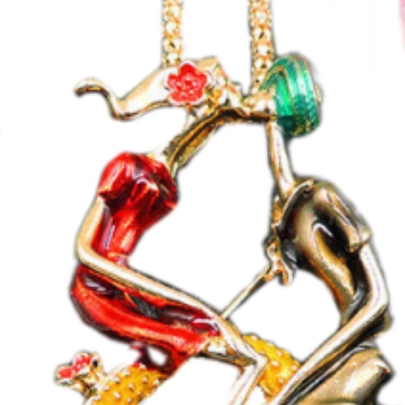 "Lovers Fall In Love" Entwined Red & Gold Color Enamel Crystal Necklace /Brooch - Picture 4 of 5